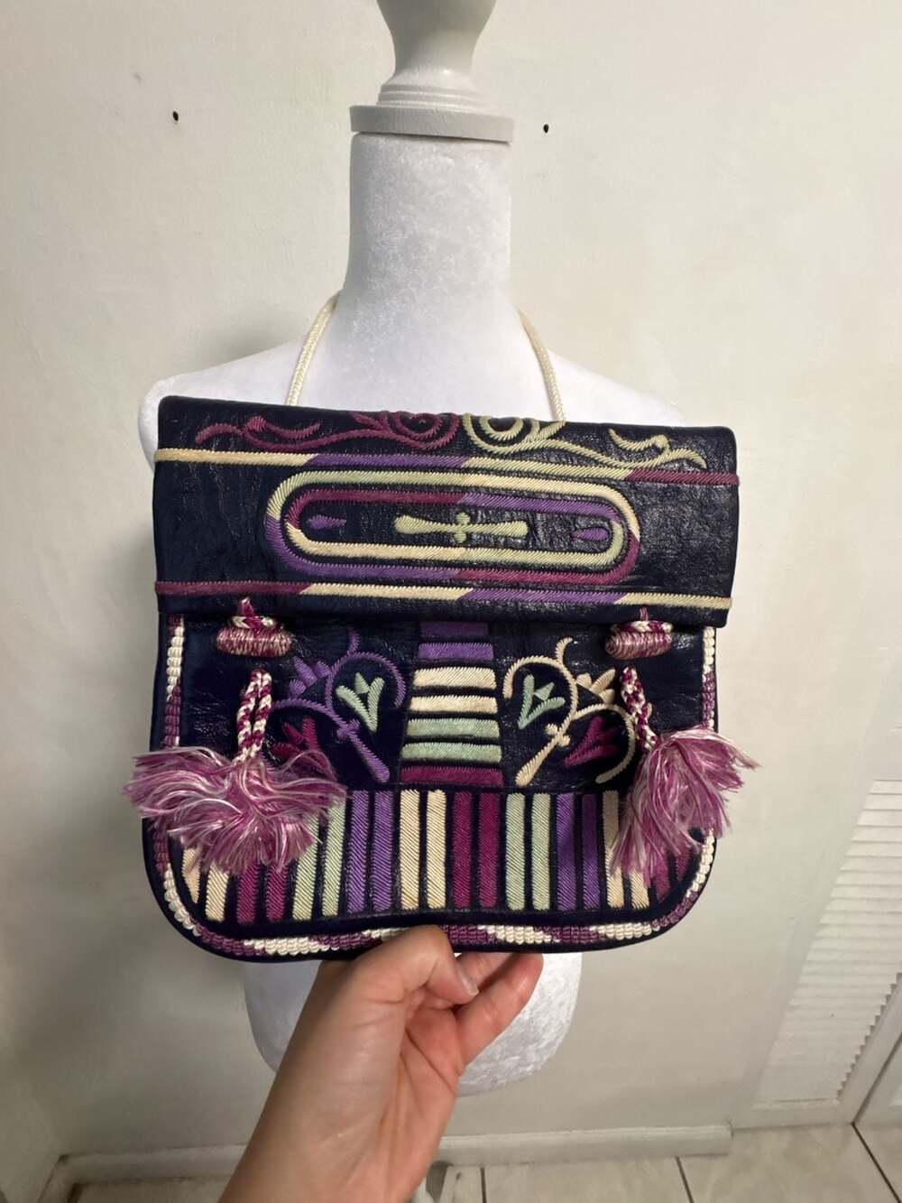 Vintage Folk Art Handmade Leather Embroidered Purple Purse Boho Ethnic